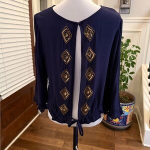 Rahi Cali NWT Dark Purple Beaded Tie Open Back Women's Top